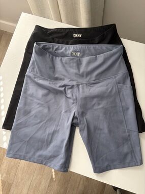 DKNY High-Waist Athletic Biker Shorts 2 Pair Black & Slate Blue M - Never Worn